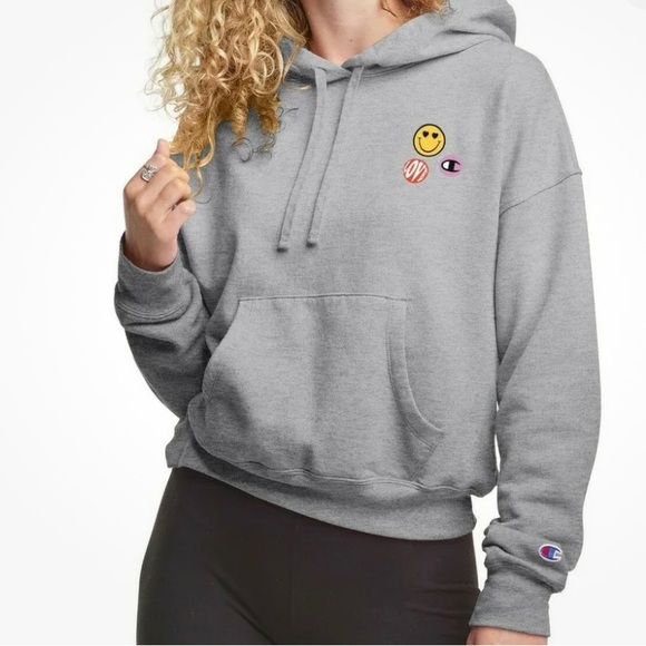 Champion Womens Pullover Hoodie Sweatshirt Sz M Graphic Love Smiley Face Gray - Picture 1 of 13